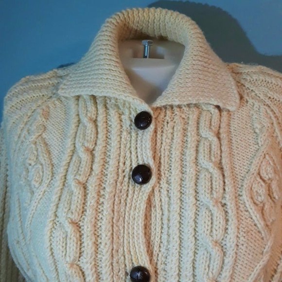 Vintage Irish Traditional Hand Knit Cardigan with Cables, Buttons, Pockets - Picture 3 of 8